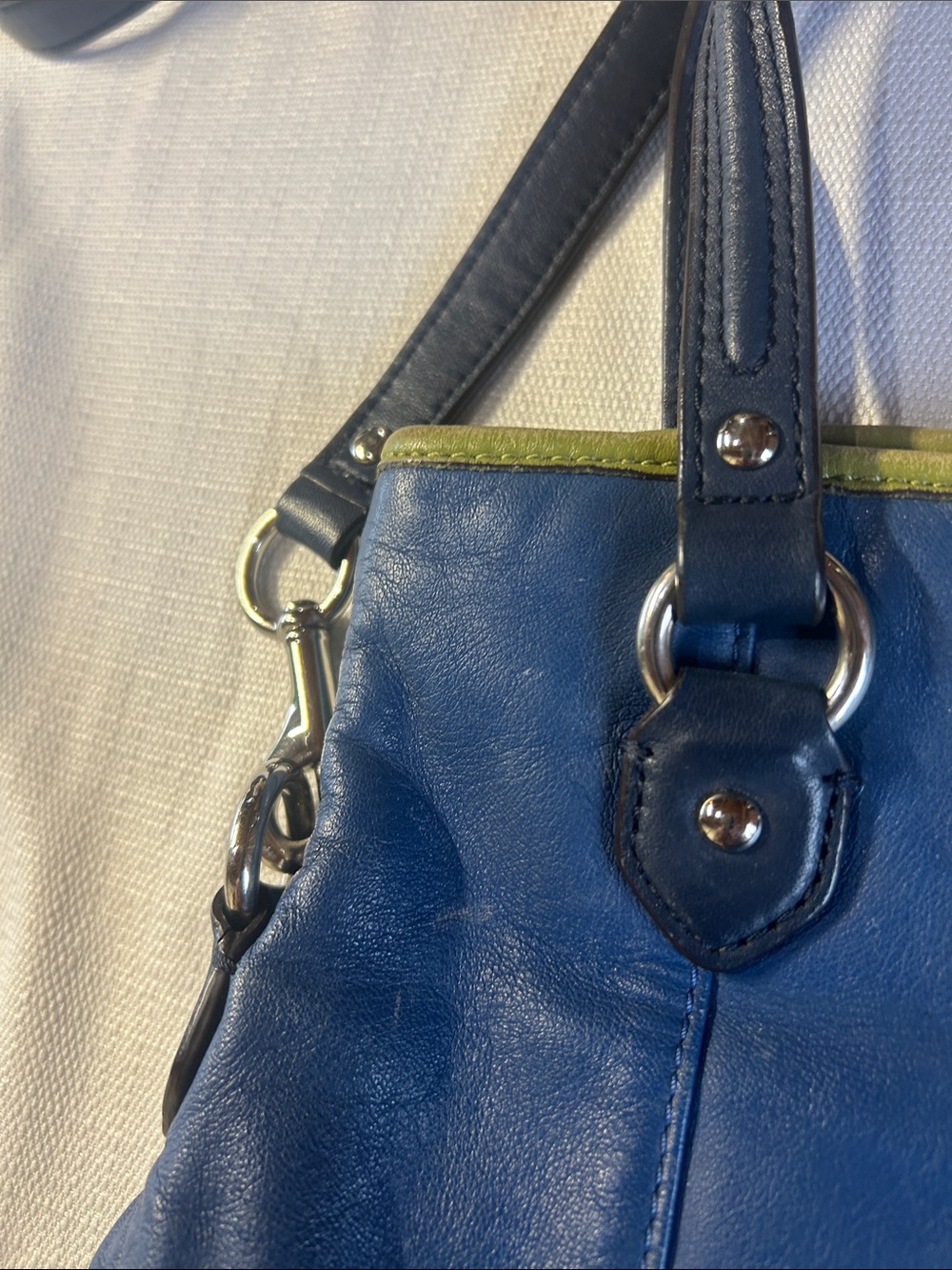 Coach Blue Leather Shoulder Tote with Lime Accent - Picture 4 of 9